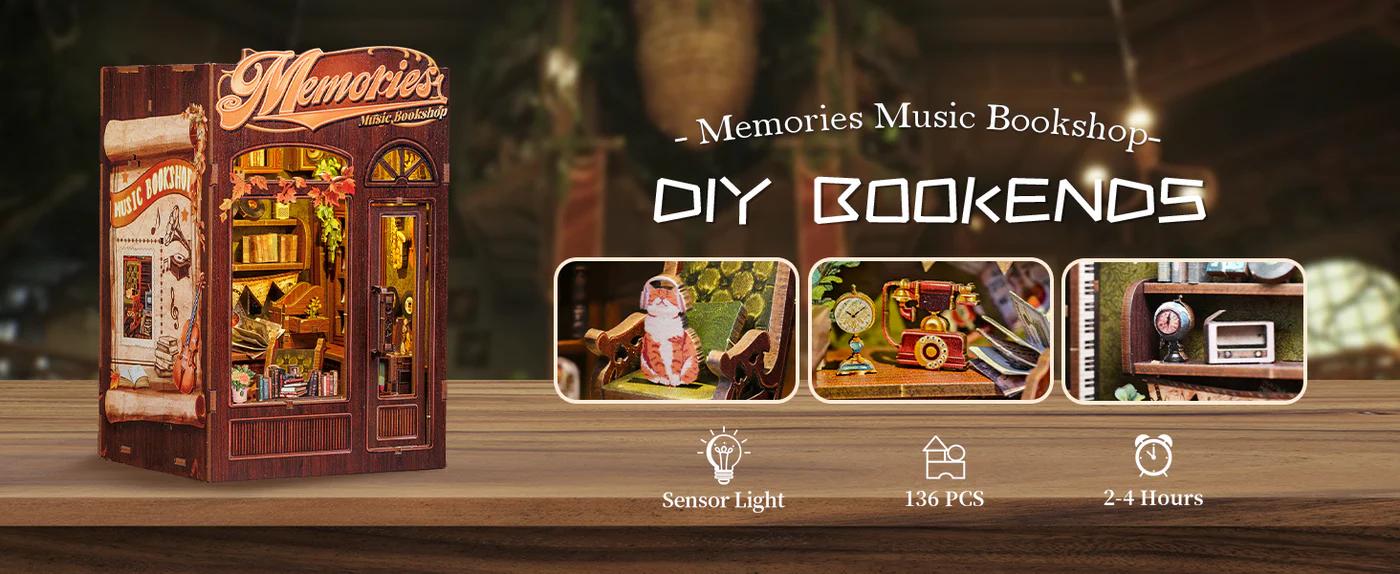 CUTEBEE DIY 3D Book Nook Kit Memories Music Bookshop – Miniature Wooden Music & Bookstore Streetscape with LED Light, Handmade Tiny House Decor | Holiday, Christmas and Black Friday Gift