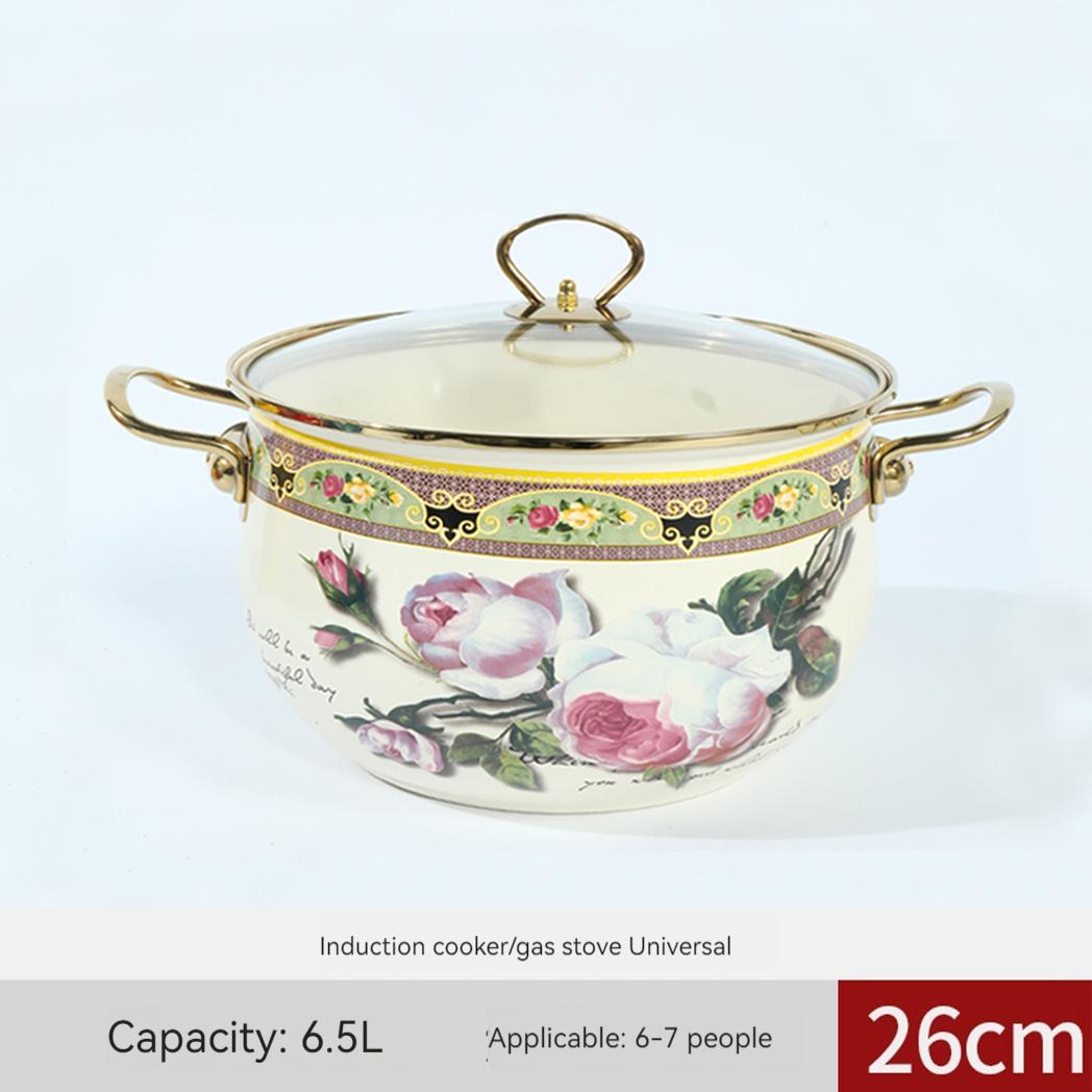 Flower Pattern Stockpot with Lid, Ceramic Soup Pot with Handle, Large Capacity Cooking Pot for Home Kitchen, Double Ear Design