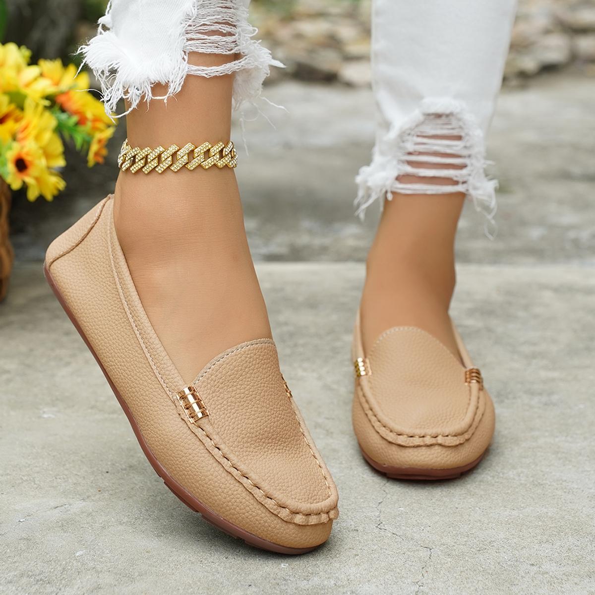 Women's Classic Plain Low Heel Shoes, Fashionable and Sexy, High-End Slant Metal Chain Decoration, Comfortable Casual Loafers, Slip On Shoes