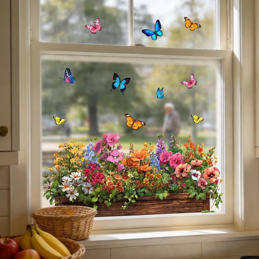 Home Floral Glass Stickers, Butterfly Plant Landscape Static Stickers, Decorative Stickers, Bathroom Bedroom Living Room Window Decor, Reusable Adhesive