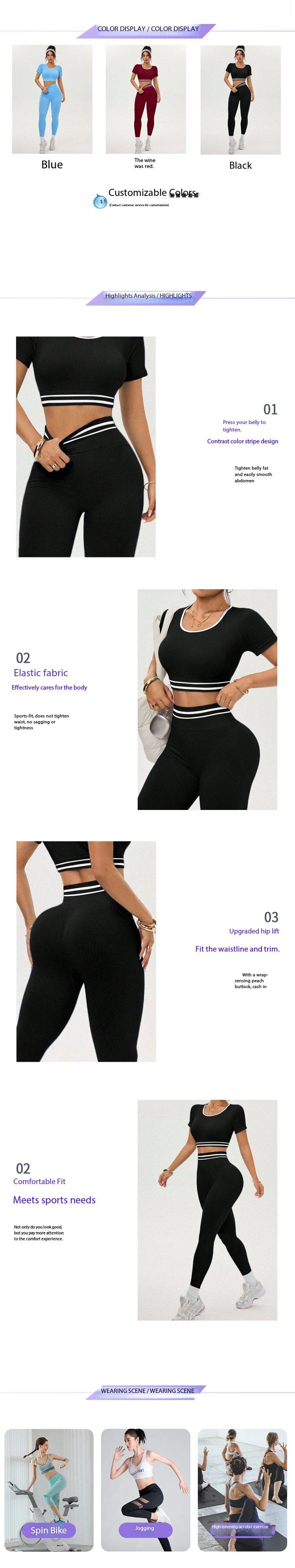 Women's High-Waisted Yoga Set, Striped Contrast Binding Design, Slim Fit Above-Ankle Pants & Short Sleeves Top, Ideal for Gym & Daily Wear