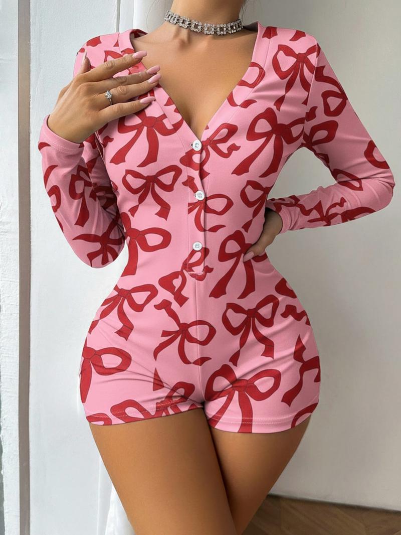 Women's Cozy Long Sleeve Buttoned Pajama Romper, All over Print One Piece Loungewear Bodysuit, Comfortable Sleepwear for Women