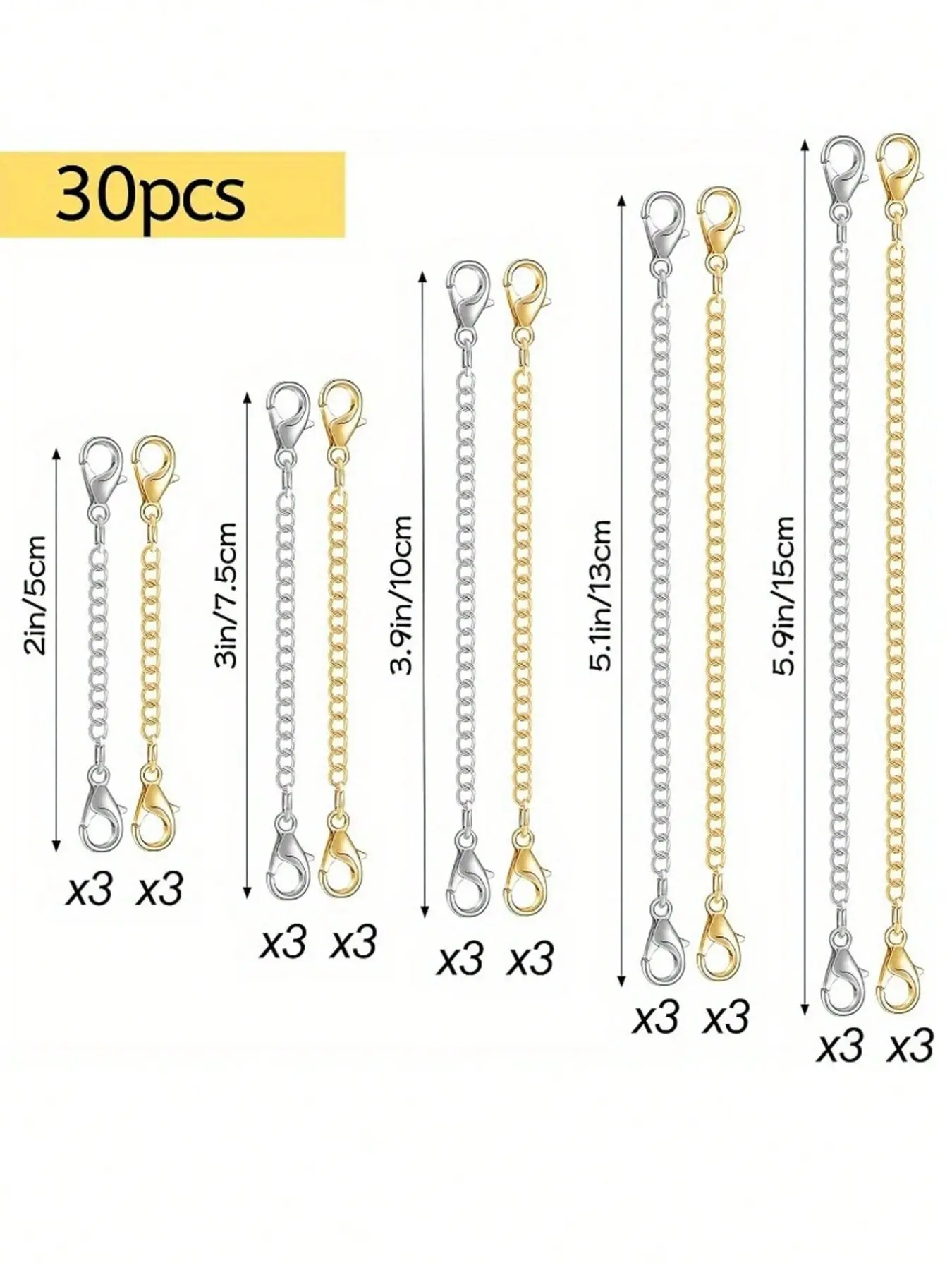 Winee 30-Piece Necklace Extender Set, Ladies' Fashion Jewelry Extenders, Girl's Bracelet & Anklet Chains, & Silver Color, 2-6 Inches
