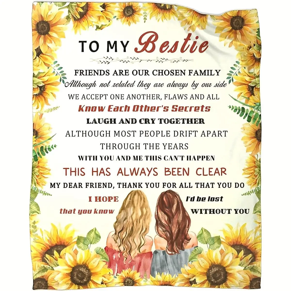 To My Bestie Sunflower Blanket, Friendship Gift Throw Blanket with Heartwarming Message, Cozy Home Decor Blanket for Best Friends, Sister, Birthday, Christmas Gift