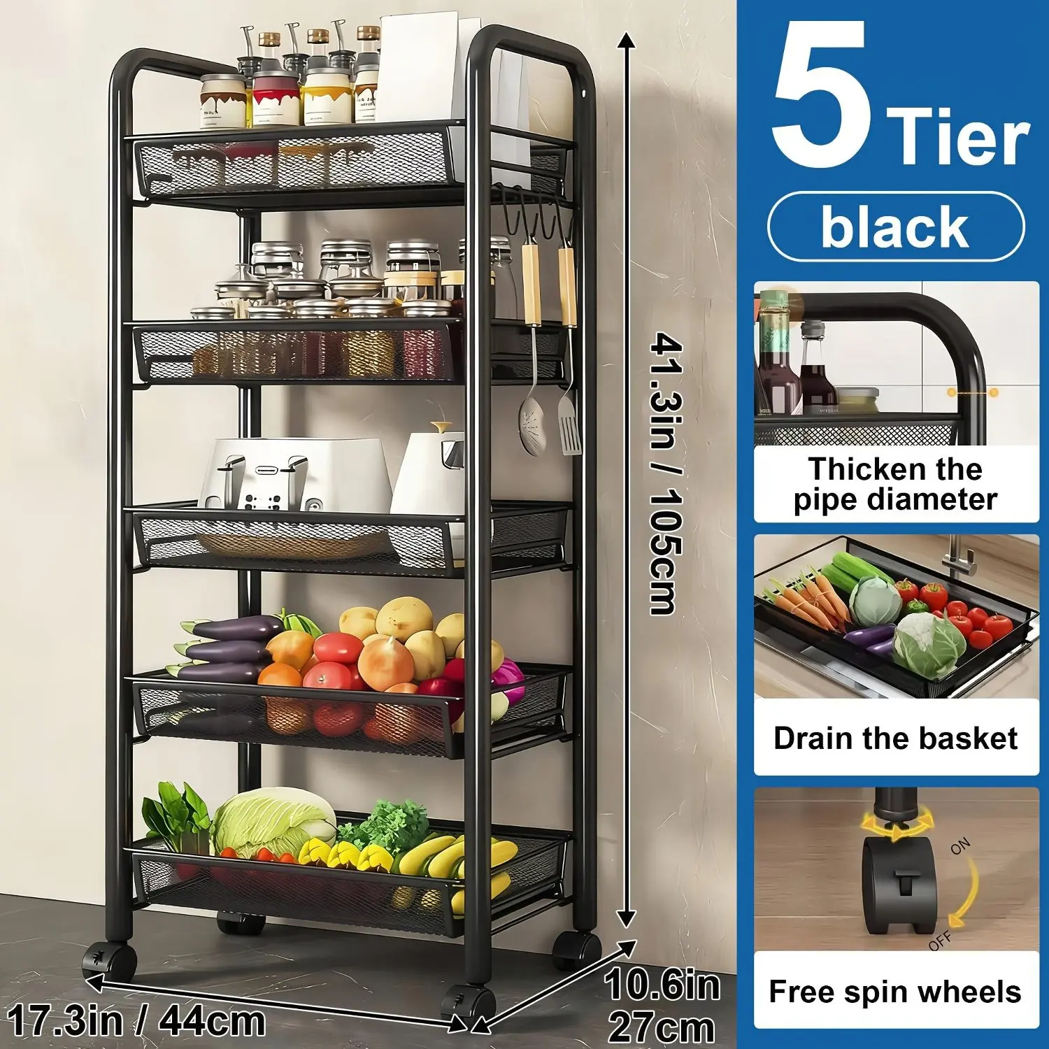 3/4/5-Tier Carbon Steel Rolling Utility Cart with Rolling Wheels & Removable Shelves, Functional Home Organizer for Home Users, Easy to Move Snack Cart Ideal for Kitchen, Dining Room