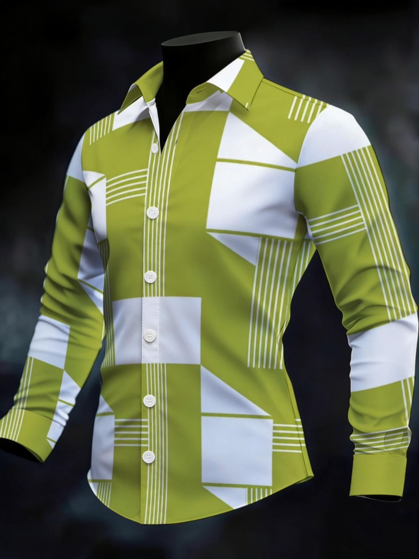 Men's Green Spliced Striped Long Sleeve Shirt, Business Casual Slim Fit, Trendy Plaid Design Men's Top