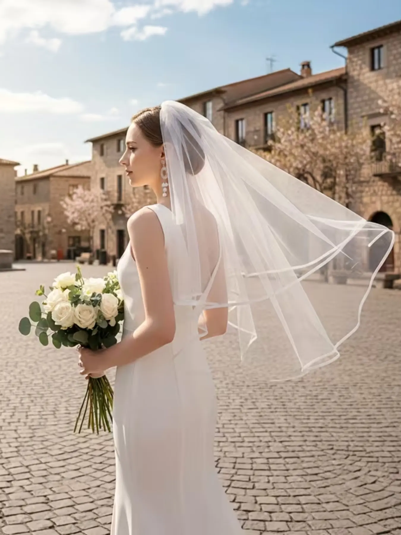 This minimalist 80cm double-layer wedding veil is crafted from solid-color tulle and features a smooth, delicate satin trim. Lightweight and airy, it is perfect for pre-wedding photoshoots or the ceremony itself.