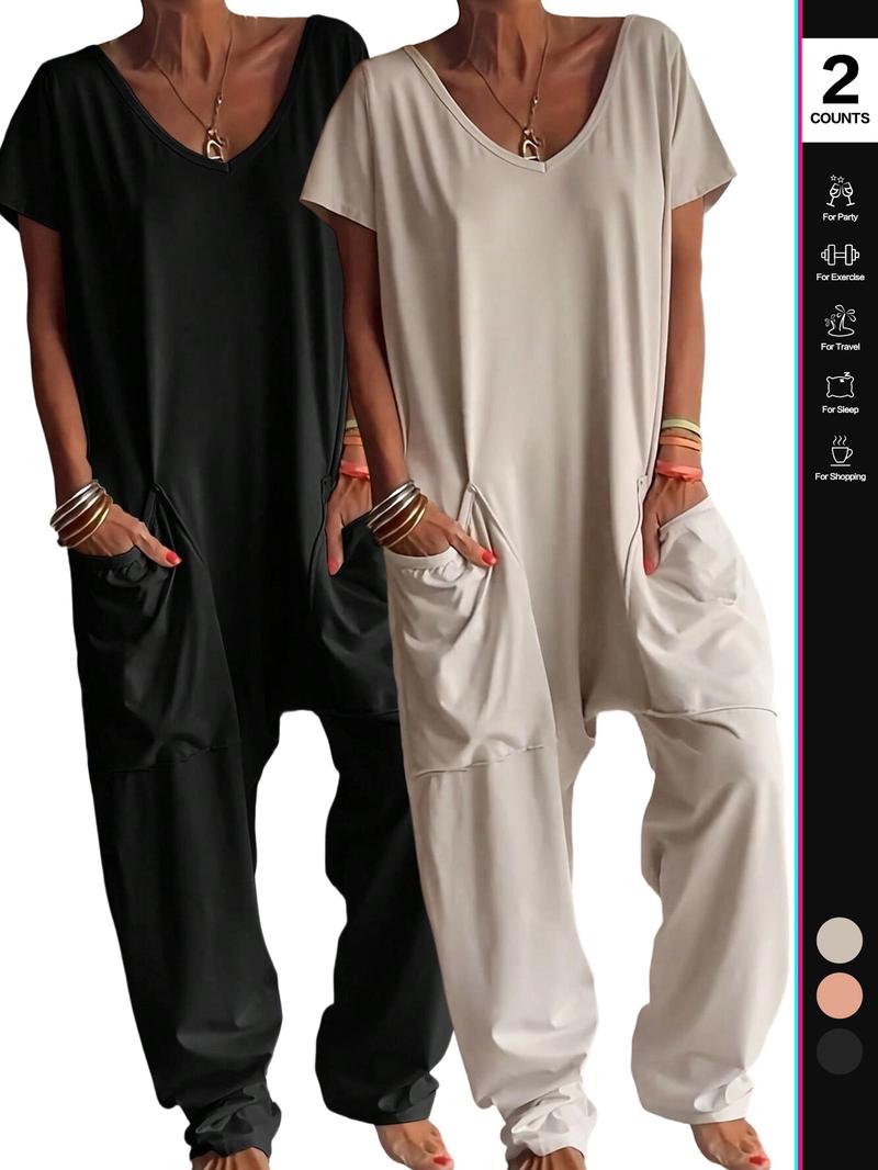 Women's Casual Jumpsuit, Short Sleeve V-Neck Design, Loose Fit Wide-Leg Romper, All Season Wear, Plain Pattern, with Pockets