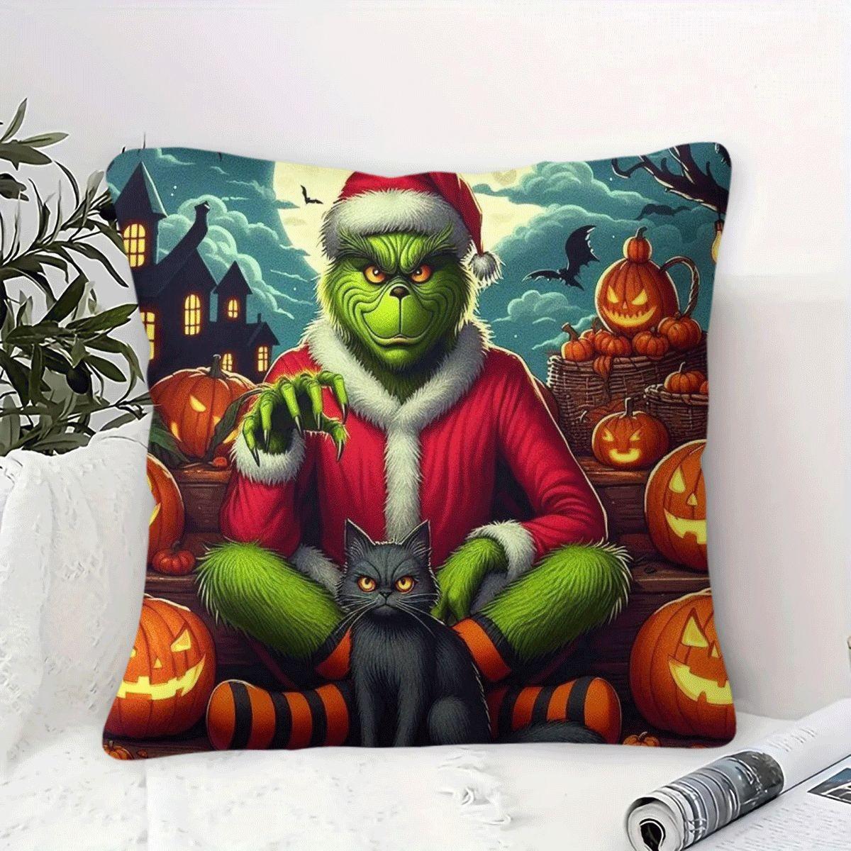 45x45cm 1Pc, Grinch Themed Halloween Christmas Cushion Pillow, spooky jack-o'-lantern bat print, soft durable cozy, perfect for sofa, bed, living room bedroom decor, ideal small holiday home gift, includes pillow filling