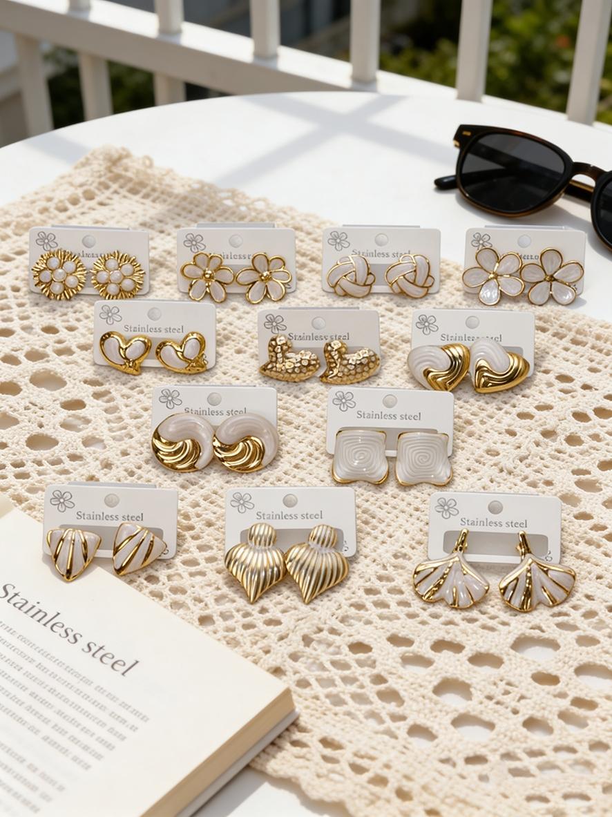 White Enamel Gold Stud Earrings for Women, Dripping Oil Heart Flower Geometric Earring, Hypoallergenic Stainless Steel Jewelry, Trendy 2026 Summer Accessory for Party & Daily Wear