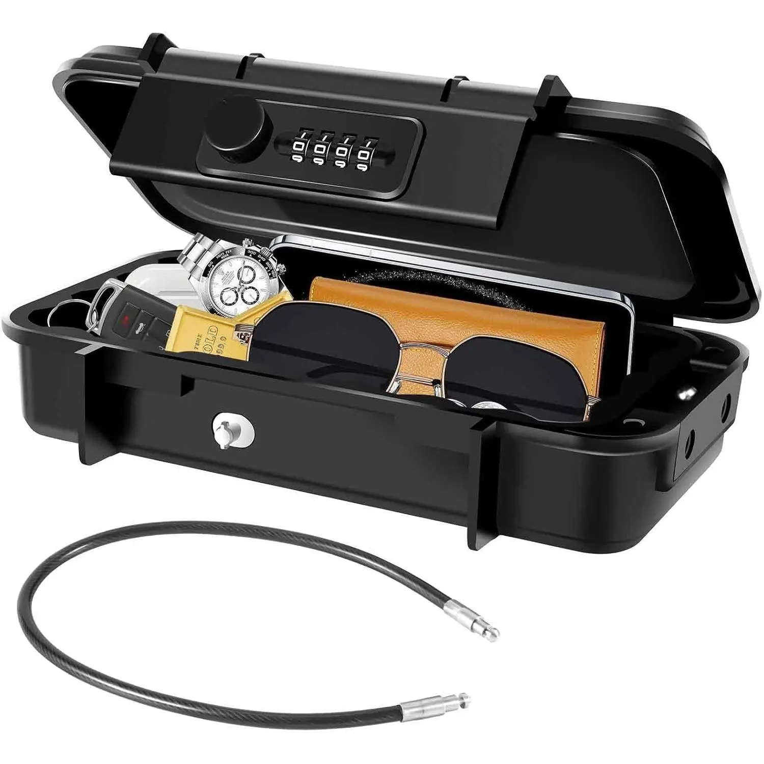 Portable Lock Box, 4-Digit Combination Safe Boxes with Detachable Cable, Anti-Theft Security Lockbox Outdoor, Small Resettable Personal Password Cash Case for Travel, Hotel, Dorm, Beach, Gym