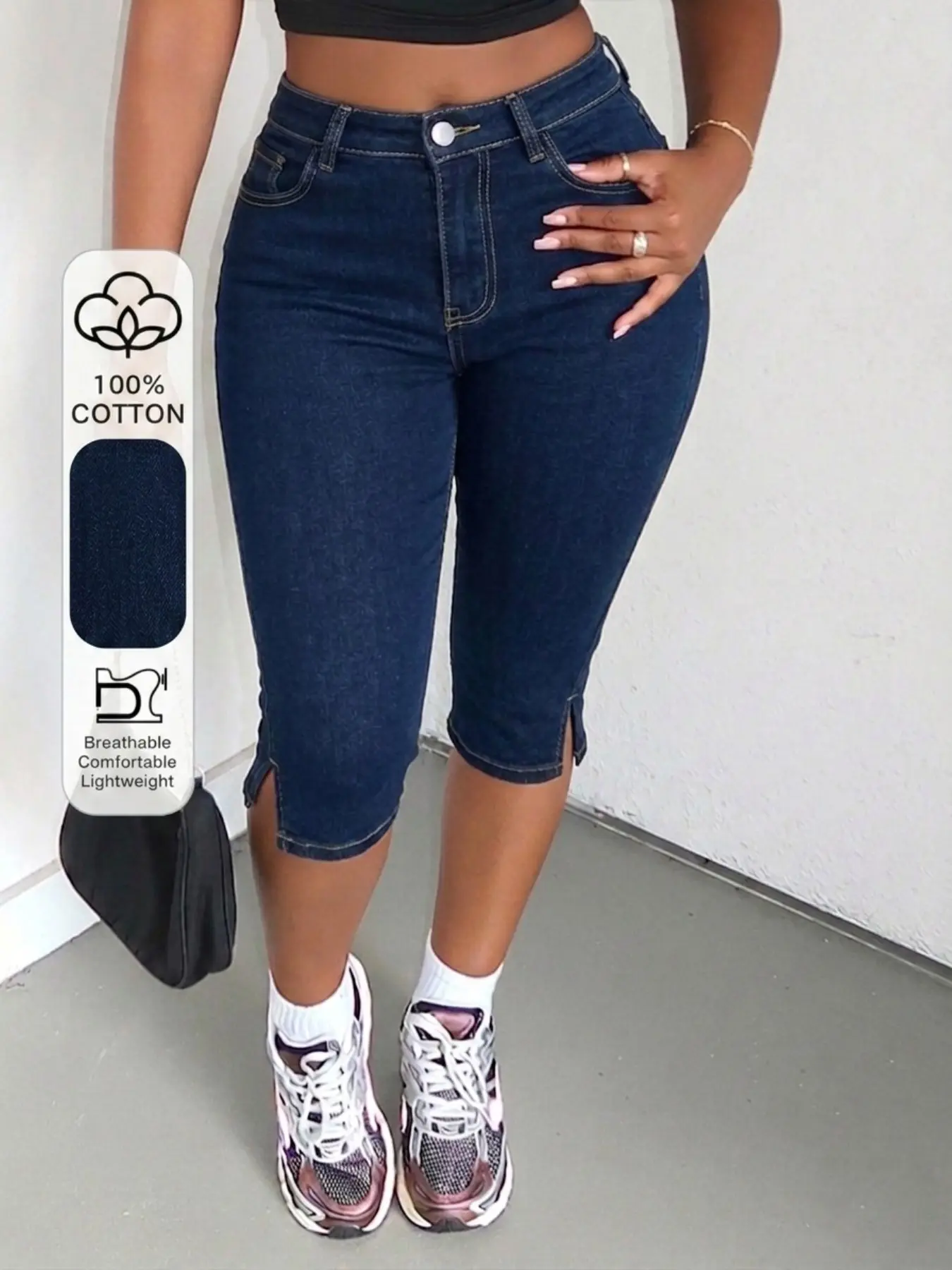 Deep Blue High-Waisted Stretchy Seven-Eleven Tight Denim Jeans for Women, Side Split Slim Fit Butt Lift Conceal Fat Retro Style Daily Commute Casual Pants
