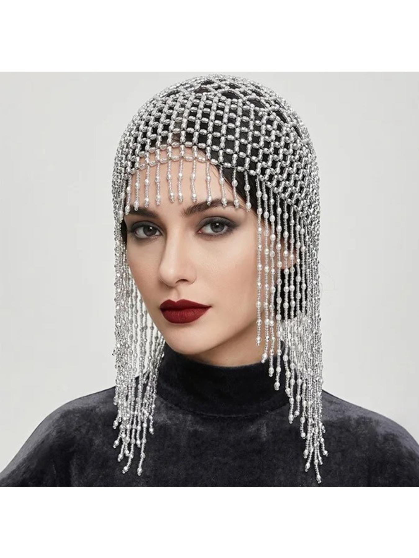 European and American retro beaded tassel hair chain hand-woven mesh hair cap bridal gown lace decorative hairnet Bridal Hairpiece Vintage Hair Accessories Bridal Headpiece Wedding Hair Accessories
