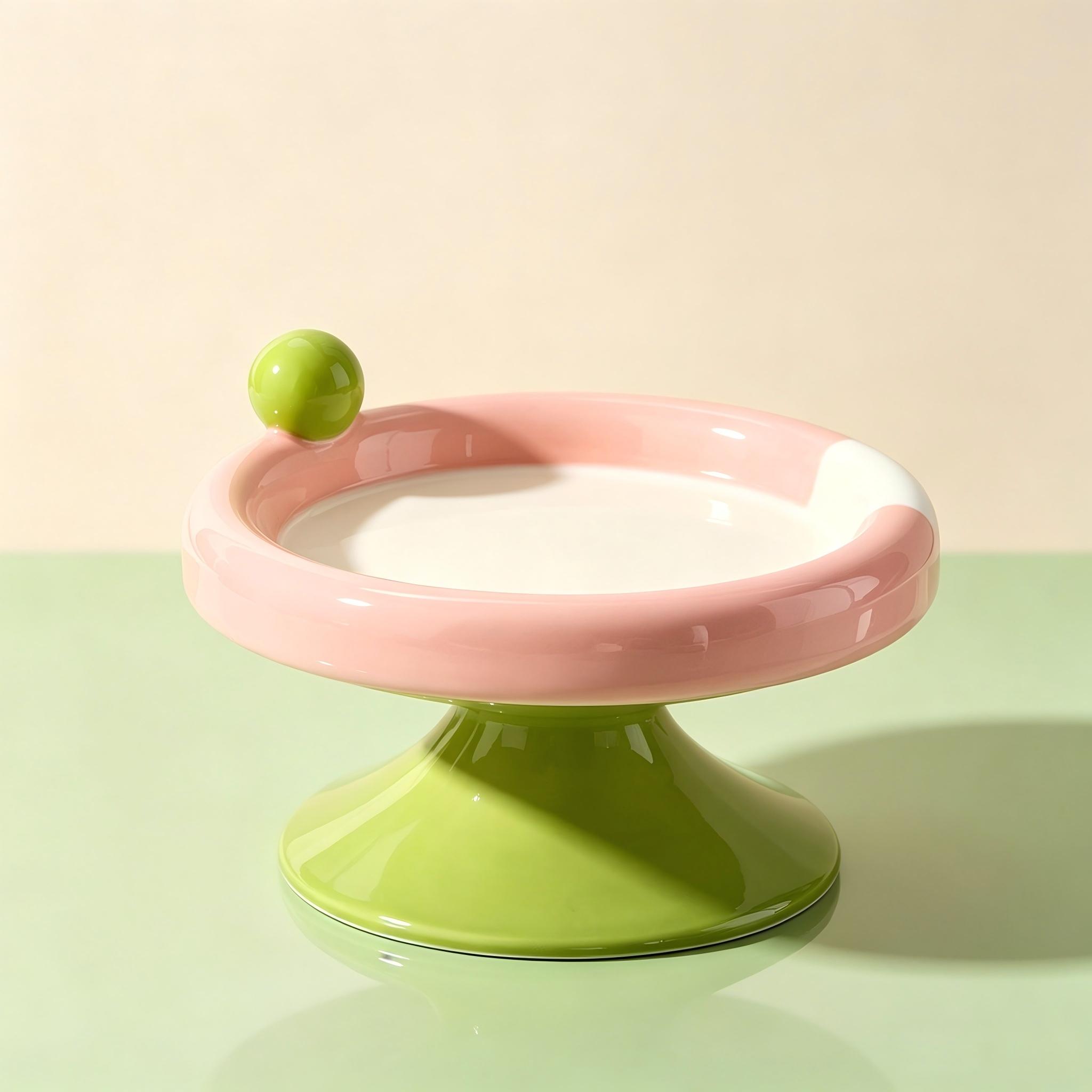 Macaron Color Cute Ceramic Elevated Cat Feeding Bowl, Small Raised Food Dish for Cats and Small Dogs, Reduces Neck Strain