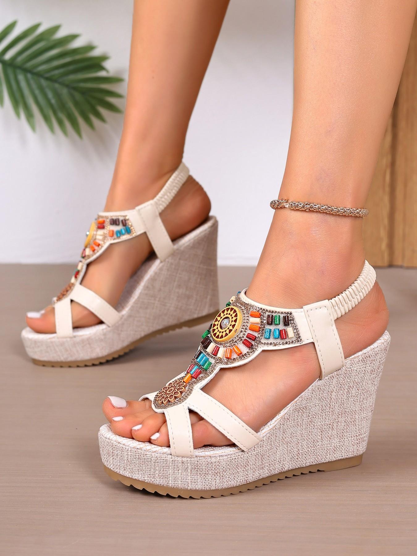 2026 Summer New Bohemian Style Wedge Sandals for Women, Ethnic Beaded Thick Sole Waterproof Platform Roman Shoes