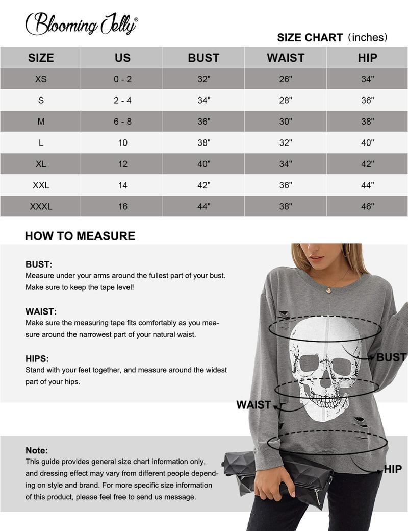 Blooming Jelly Halloween Sweatshirts Skull Graphic T Shirts Women's Long Sleeve Pullover Tops Gothic Fall Clothes