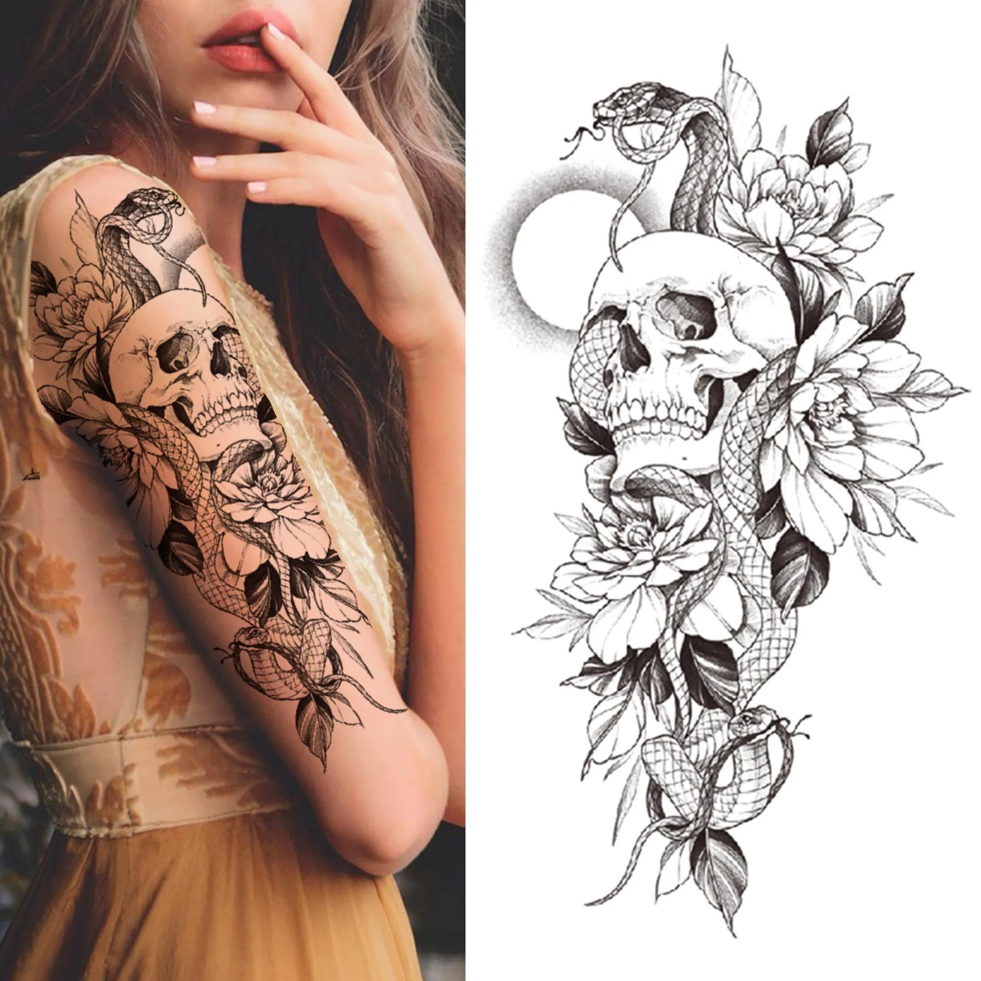 9pcs Death Skull Flower Temporary Tattoo For Women Girls Snake Bird Peony Tattoo Sticker Black Fake Blossom Sexy Tatoo Transfer Adult