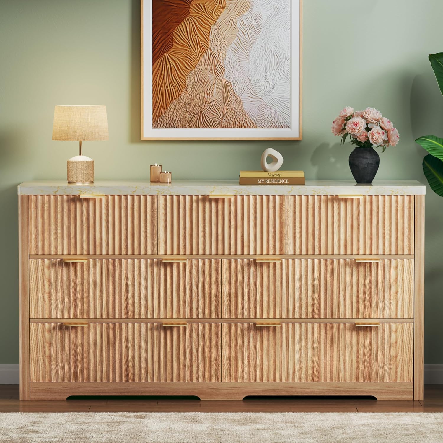Fluted Dresser for Bedroom with 7 Drawers, 53'' Modern Dressers with Faux Marble Top, Mid Century Chests of Drawers with Gold Handle & Curved Profile, Natural Wood TV Dresser for Bedroom, Living Room