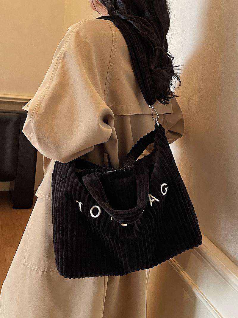 Leisure daily commuting shoulder bag, three-dimensional stripe letter embellishment design, retro simple versatile single shoulder bag, suitable for students to attend classes commuting, shopping and travel, Crossbody Tote Bag