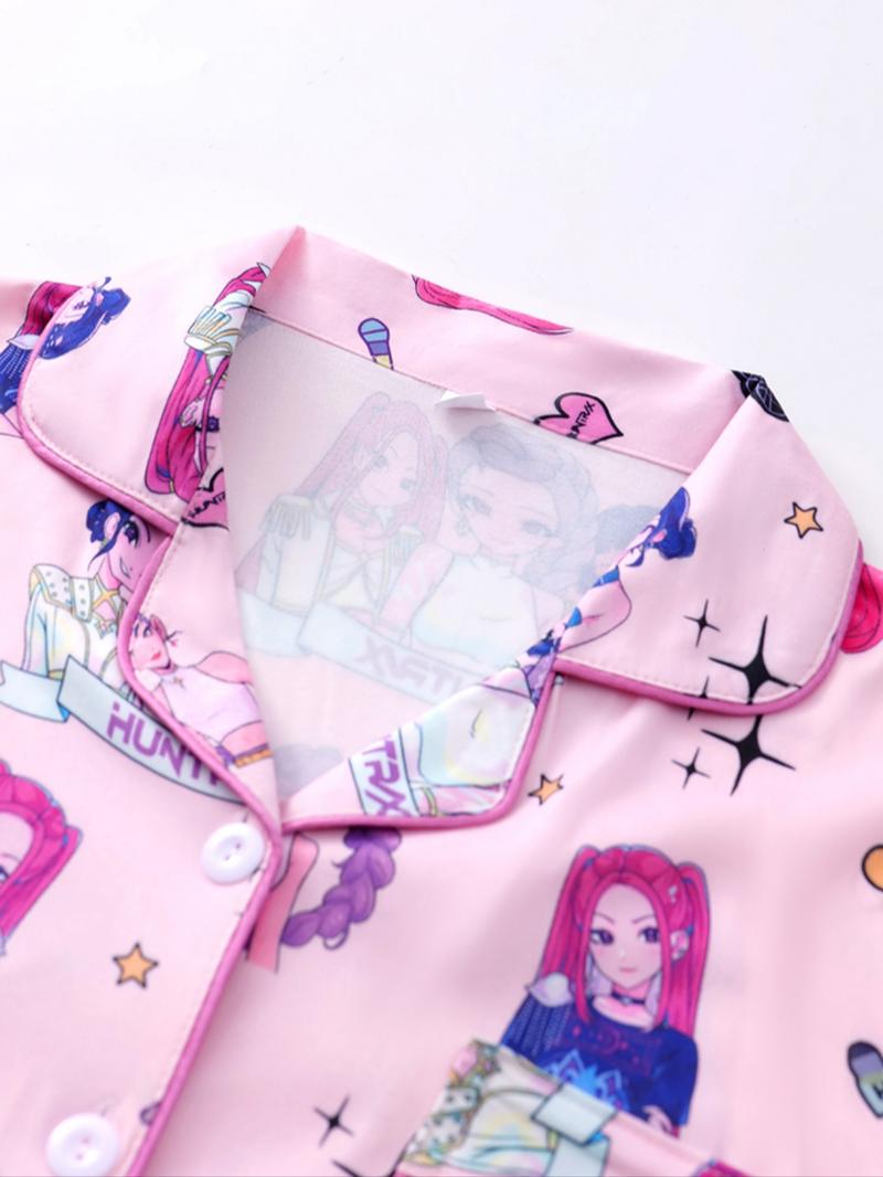 K-Pop Demon Hunter Women's Cartoon Pajama Set, Casual Fitted Two-Piece Sleepwear, Short Sleeve Top & Elastic Waist Pants, Spring & Fall