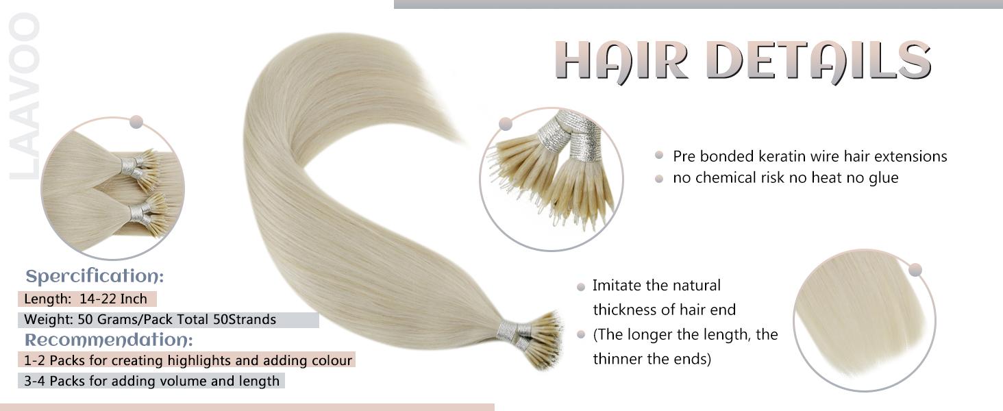 LaaVoo Nano Ring Hair Extensions Human Hair Nano Beads Extensions Nano Tip 50 Gram FallFreshness SpringStatements