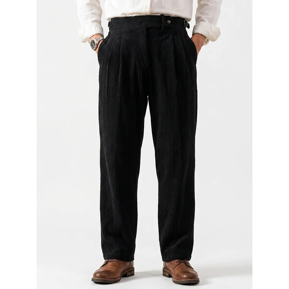 Men's Retro Gentleman Corduroy Trousers - Pleated Gurkha-Style Wide-Leg Pants for Fall Winter Casual Wear