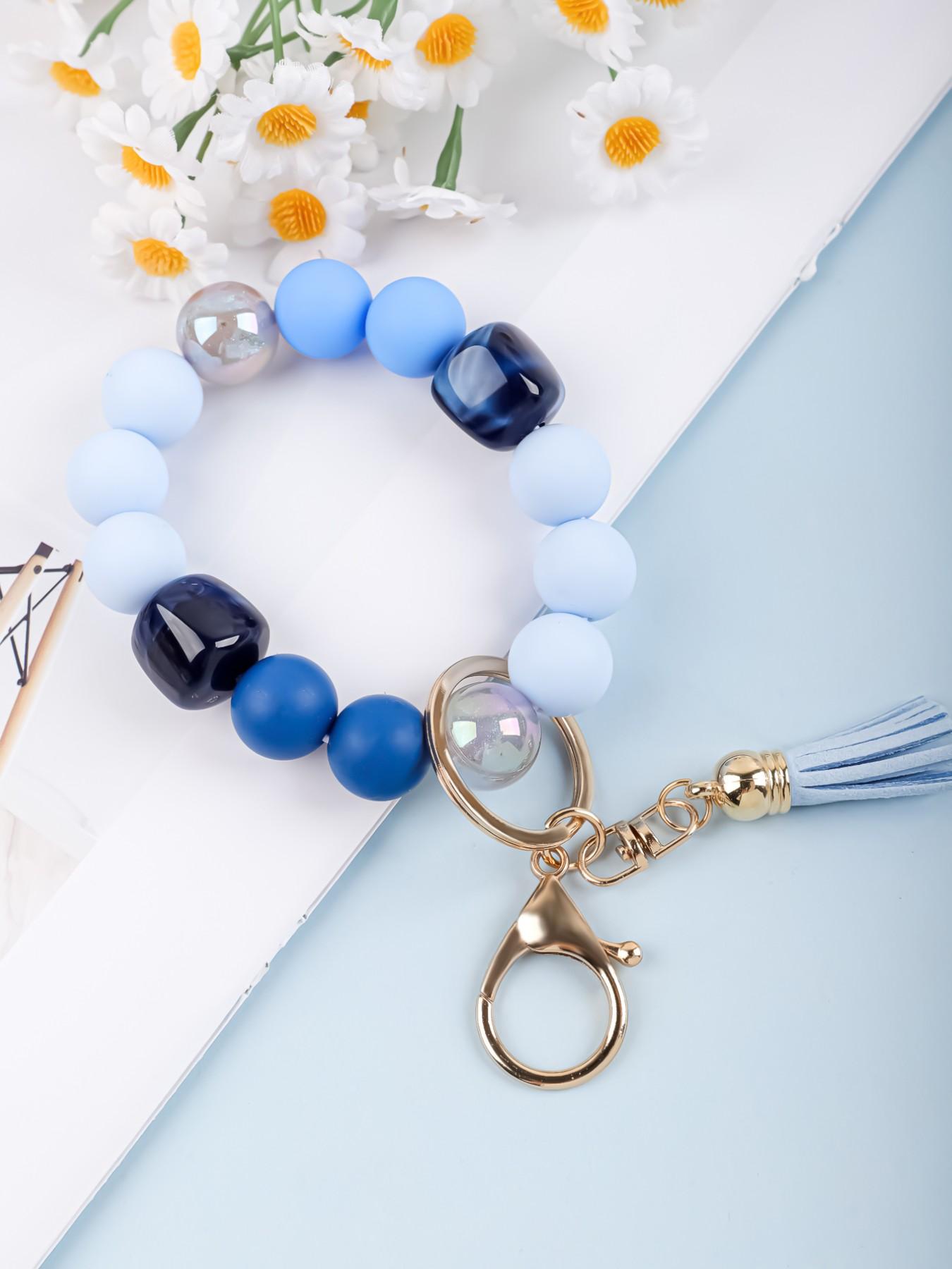 Solid Color Beaded Wristlet Keychain for Women, Matte Silicone Acrylic Beads, Tassel Charm, Minimalist Key Holder, Fashion Gift