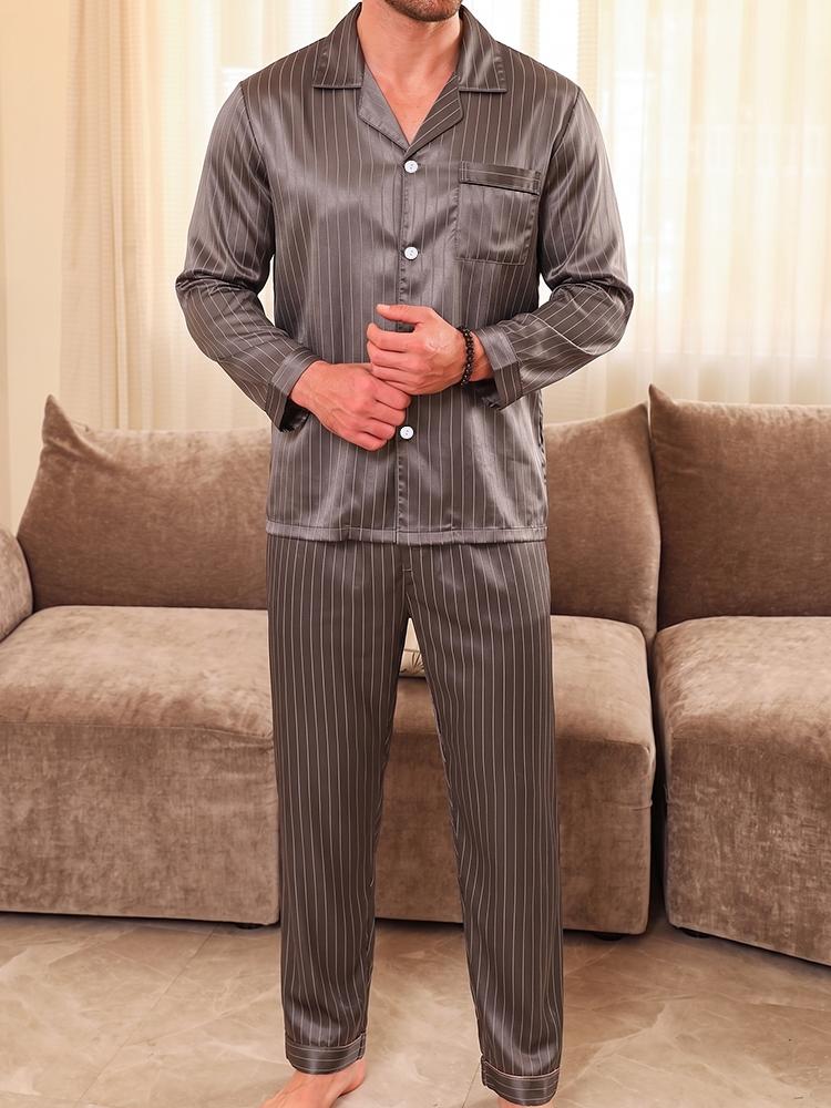 Men's Long Sleeve Striped Print Pajamas, Cozy Comfortable Casual Home Wear, Suitable for Spring Autumn All Seasons, Daily Two-Piece Set
