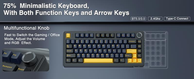 NEW Aula F75 MAX 75% Wireless Hot Swappable Mechanical Gaming Keyboard with RGB Backlighting Customizable Knob Five Layer Padding Bluetooth 5.0 2.4GHz USB-C, Compact, Gamer Keycaps