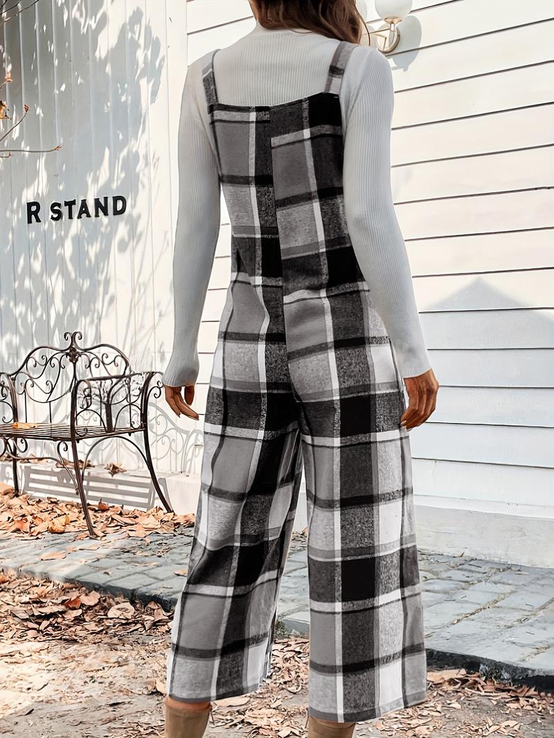 Women's Plaid Wide Leg, Elegant Square Neck Romper, Fitted Woven Fabric, Spring & Fall Fashion, Moderate Thickening, Casual Style Jumpsuit