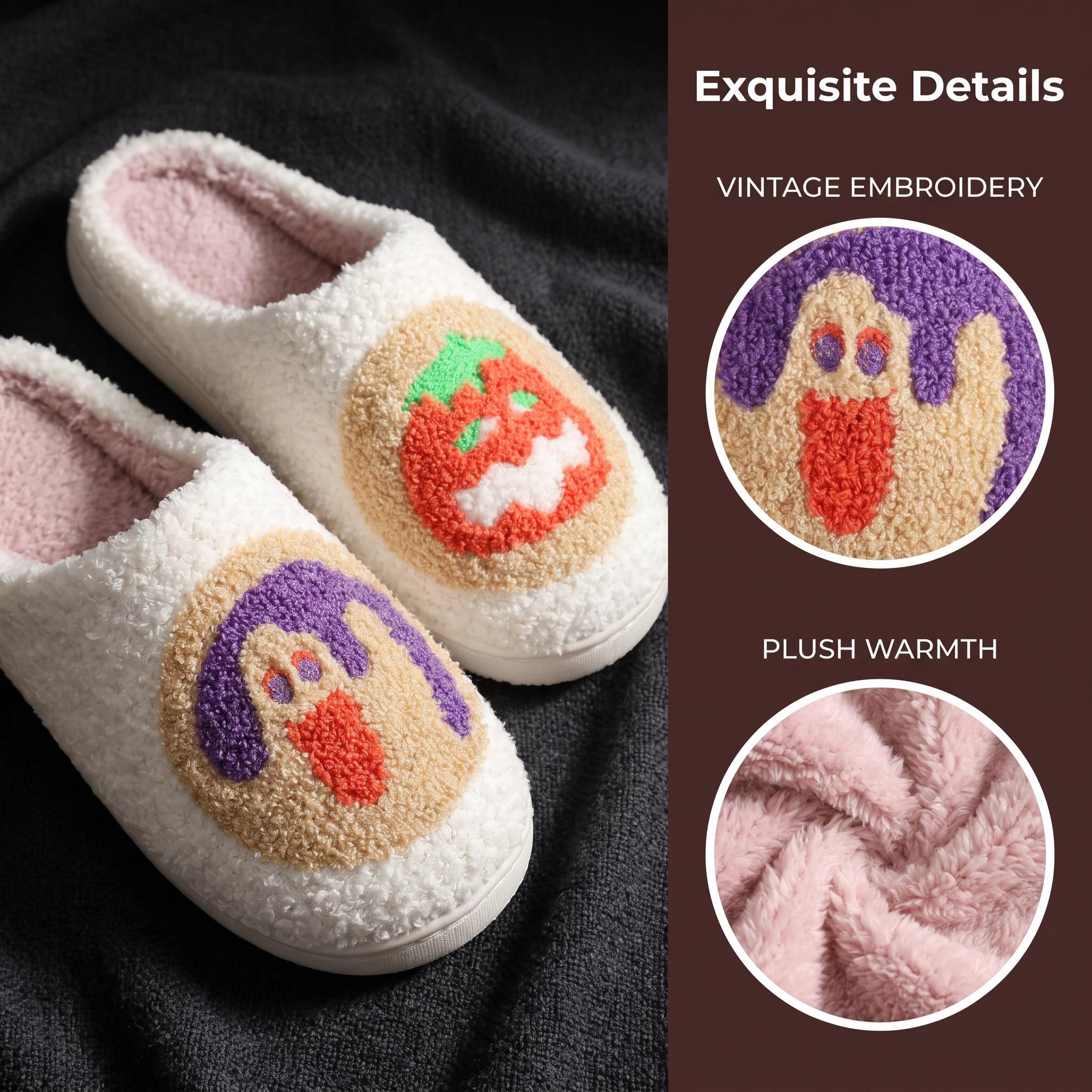 Vintage Halloween Embroidered Polyester Plush Slippers - Unisex Casual Round Toe House Slides, Soft Fall Winter House Shoes, Perfect Halloween Gift for Relaxation
