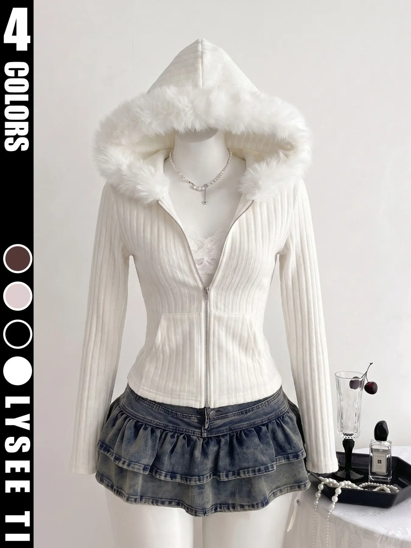 Women's Hooded Zipper Jacket with Fur Collar, Slim Fit Waistcoat, Short Sleeve Design, Perfect for Daily Wear & Casual