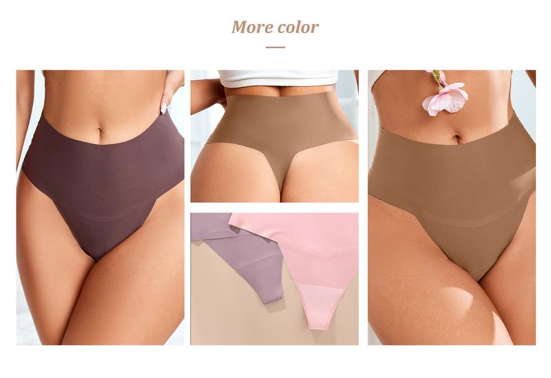 6-Pack Women's V-neck High-Waist Seamless Thong Panties NoShow, Stretchy, Soft & Breathable Underwear;Comfortable Minimalist Lingerie for days comfy underwear Bikini lenceriastylish cotton Bottom undies sexy