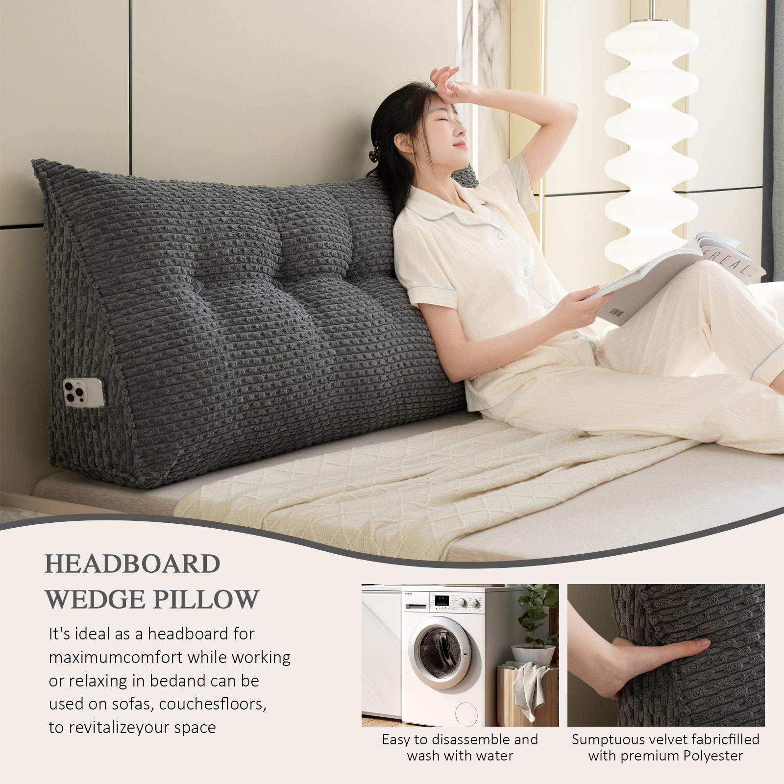 Velvet Headboard Wedge Pillow Sofa Bed Back Support Cushion Reading Bolster Pad with Small Side Pockets