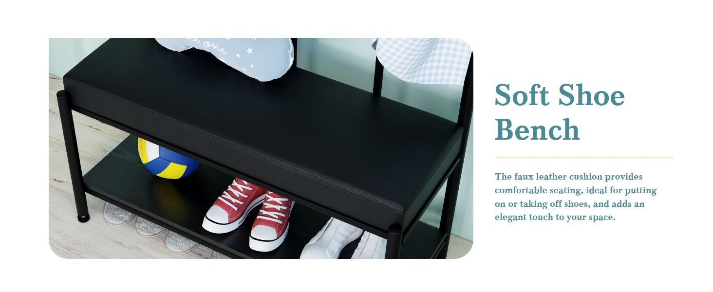 HOOMIC Coat Rack Shoe Bench/Entryway Hall Tree with Shoe Storage/Freestanding Coat Hanger Organizer with 5 Hooks & Faux Leather Seat Cushion/Industrial Accent Furniture with Metal Frame,No Box Spring Needed