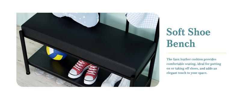 HOOMIC Coat Rack Shoe Bench/Entryway Hall Tree with Shoe Storage/Freestanding Coat Hanger Organizer with 5 Hooks & Faux Leather Seat Cushion/Industrial Accent Furniture with Metal Frame,No Box Spring Needed