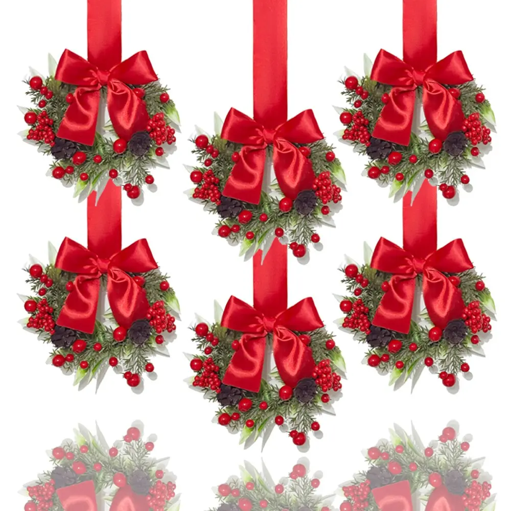 6-Pack Christmas Mini Window Wreaths with Ribbon Bows & Red Berries - Small Cabinet Hangers, Farmhouse Style Kitchen Door Decor for Festive Christmas Party Arrangements