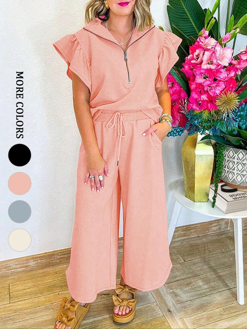 Women's elegant solid color textured ruffle sleeve half-zip top T-shirt sweatshirt and high waist wide-leg pants set, comfortable and fashionable, suitable for sports, daily leisure, outdoor activities, parties, lazy time wear