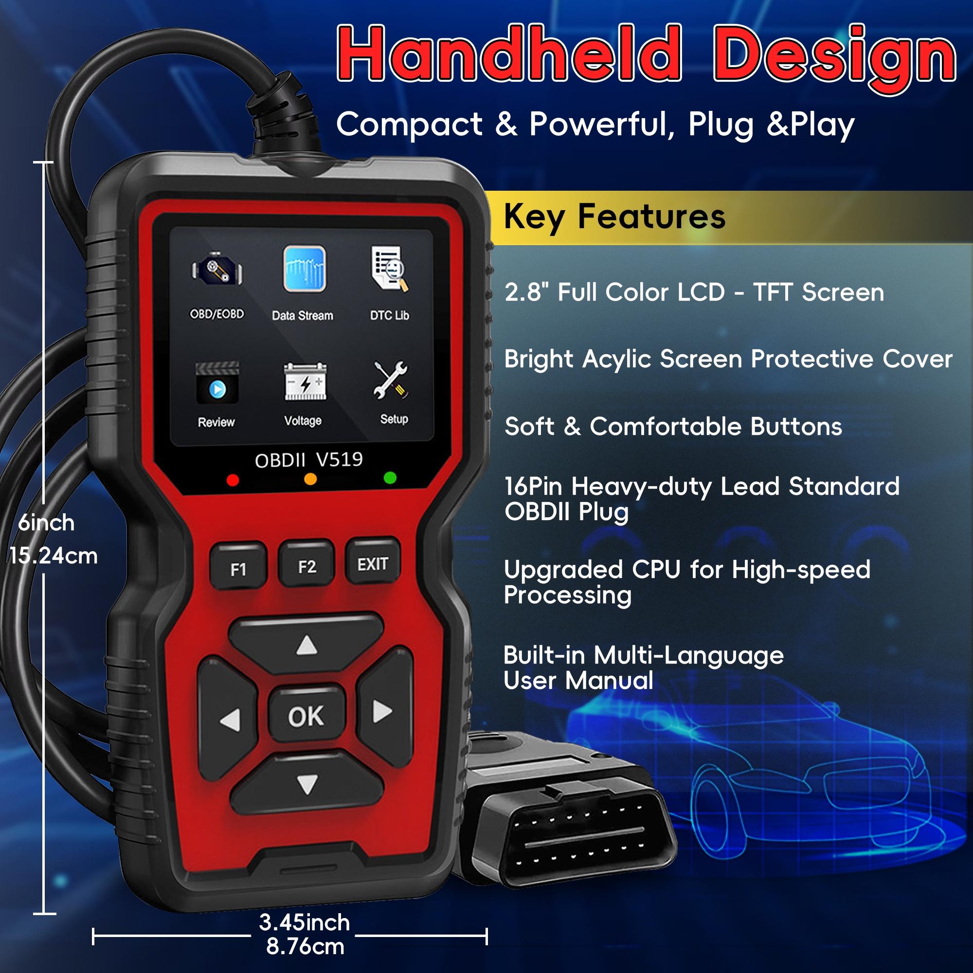 Enhanced Obd2 Scanner Code Reader, Car Engine Check Tool, Automotive Diagnostic Scanner, Reads and Erases Fault Codes, Fits All Obd Ii Cars Since 1996, No Battery Needed