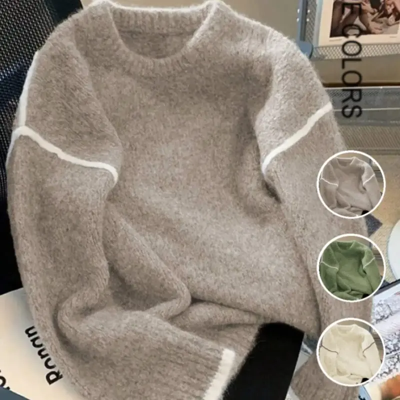 Soft and Cozy Women's Sweater, Fall & Winter Pullover, Loose Fit Lazy Style, Colorblock Knit Top, Round Neck, Fashionable and Versatile, Knitwear