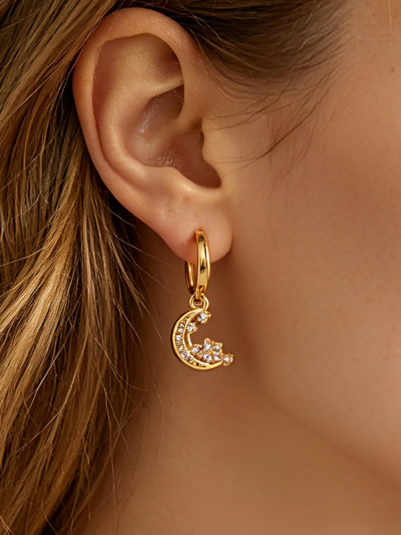 1 Pair Zircon Star Moon Earrings for Women 18K Gold Plated Dangle Drop Earrings Fashion Jewelry,Perfect Gifts for Birthday,Party,Wedding,Anniversary,Mother's Day,Vacation,Daily