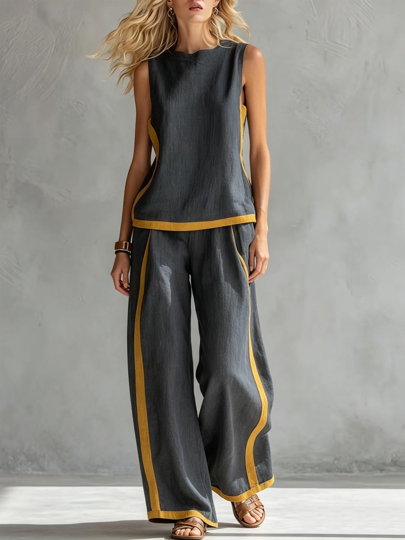 Women's Casual Loose color blocked sleeveless wide leg two-piece set, Colorblock casual set, with breathable surface suitable for commuting, daily wear. Multiple colors available