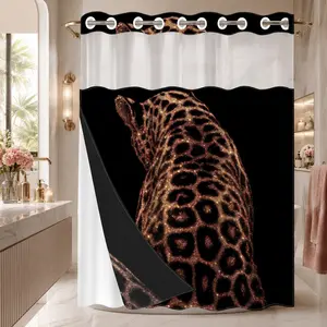 1 Pc Hookless Double Layer Shower Curtain, Gold Glitter Leopard Print, Machine Washable Waterproof Mildew Resistant Fabric, Luxe Wild Home Bathroom Decor, Removable Snap-in Liner, Top See-Through Window, 71"×74"