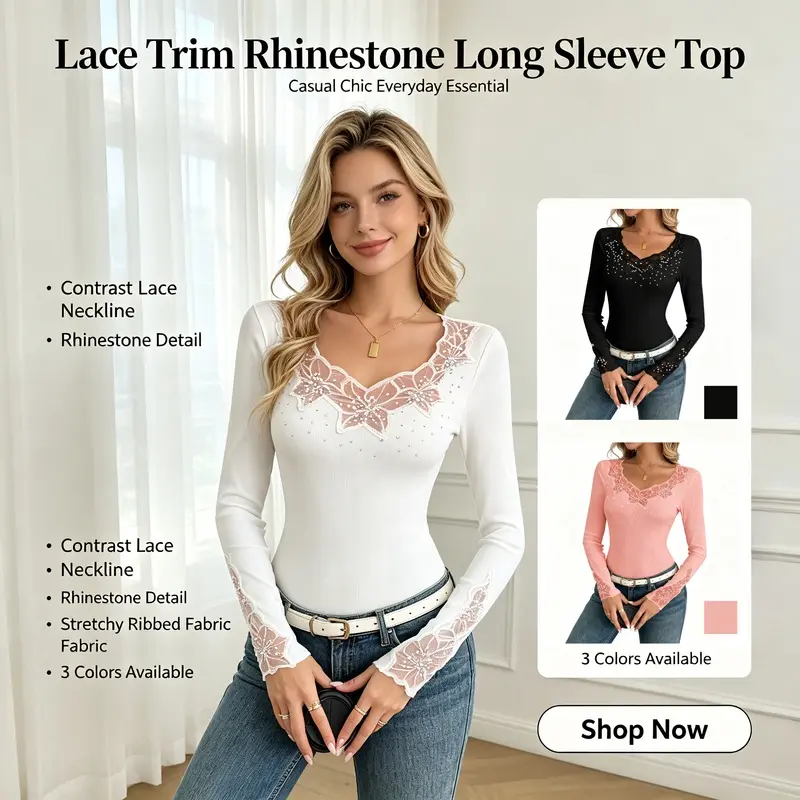 Women's Solid Long Sleeve Ribbed T-Shirt, V Neck Lace Trim Rhinestone Slim Fit Top, Floral Lace Spliced Cuff Elegant Casual Blouse for Women Daily Wear outfits