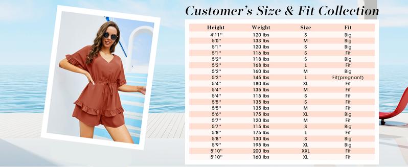 Goranbon Womens V Neck Beach Romper Ruffle Layered Drawstring Waisted Shorts Jumpsuit