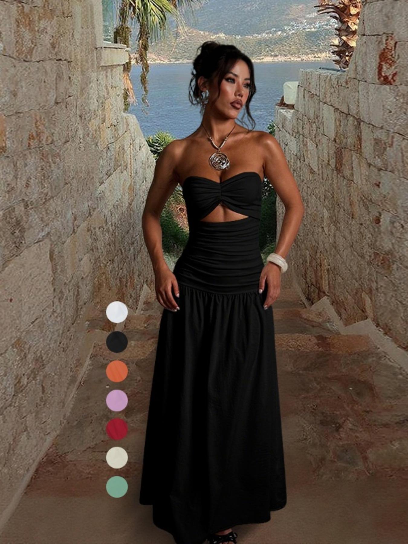 Women's Sleeveless Hollow Out Fitted A-Line Dress, Two Fabric Patchwork Design, Micro-Transparent Material, Beachwear Casual Wear Long Skirt Yj24627pfo