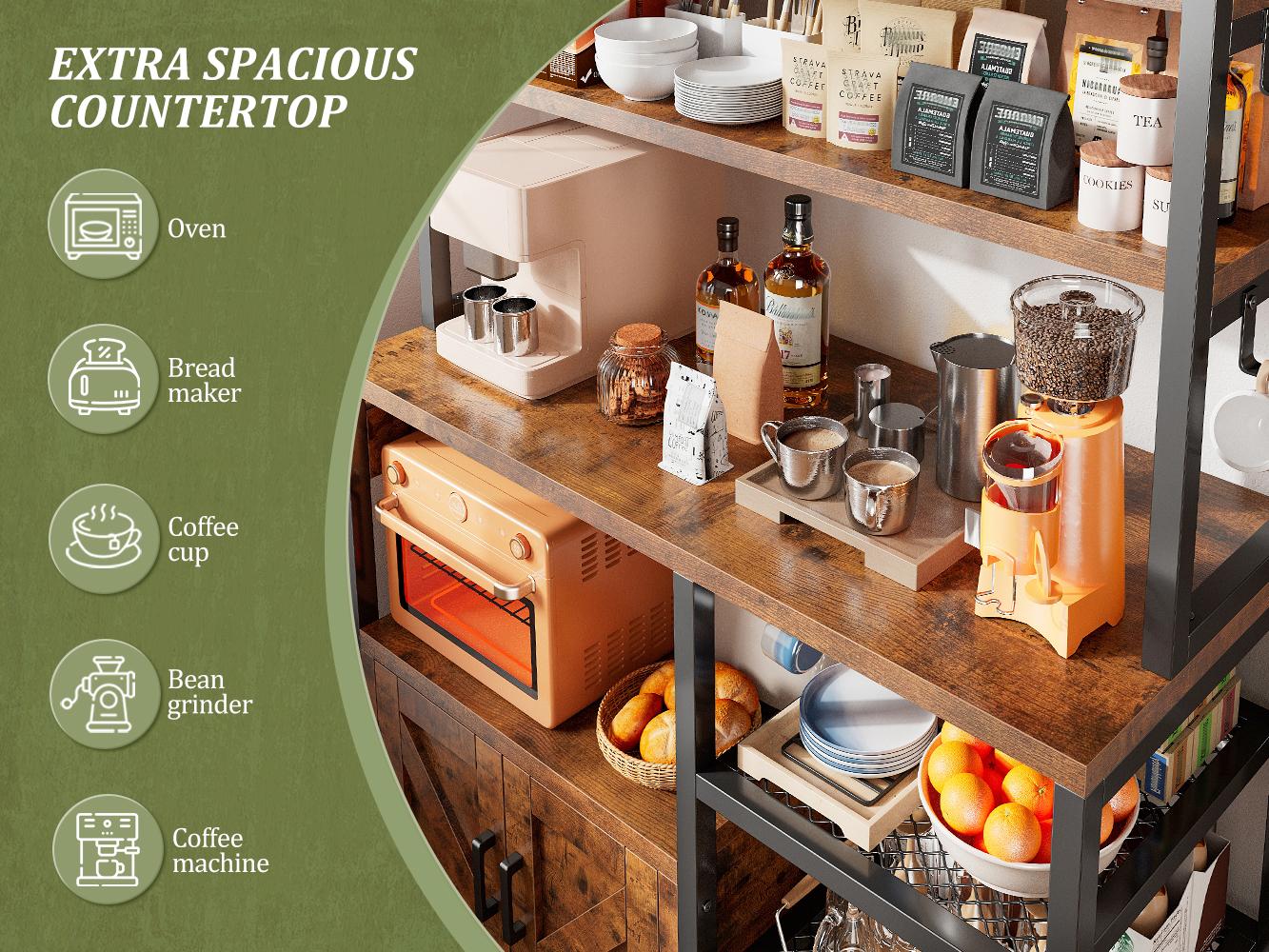 Raybee Furniture Bakers Rack for Kitchen with Power Outlet, 6-Tier Microwave Stand with Storage Cabinet, Farmhouse Kitchen Coffee Bar with Side Hooks, Utility Shelf for Kitchen Raybee Furniture Bakers Rack for Kitchen with Power Outlet, 6-Tier Microwave Stand with Storage Cabinet, Farmhouse Kitchen Coffee Bar with Side Hooks, Utility Shelf for Kitchen