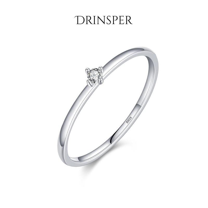 DRINSPER Solitaire S925 DVVS Synthetic Moissanite Sterling Silver Ring for Women Girls Classic Simple Versatile Stacking Layering Ring Suitable for Daily Wearing Jewelry Gift for Girlfriend Mom