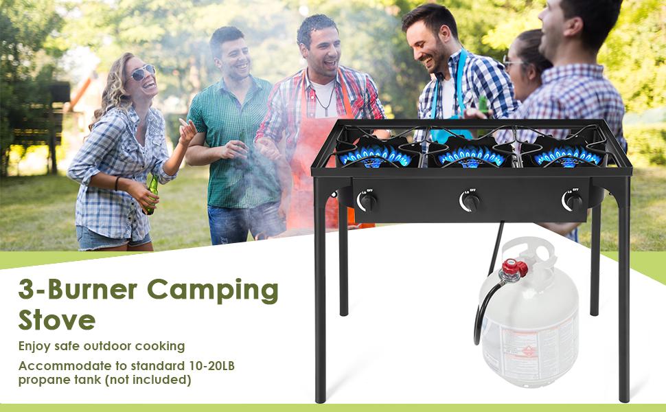 GEEKHOM High Pressure Propane Burner, Portable Triple Burner Outdoor Stand Stove Gas Cooker with Detachable Legs, 0-20 PSI Adjustable Regulator and 1.2m Hose for Outdoor 22.5W BTU (Three Burner Stove) Windproof Butane Refillable