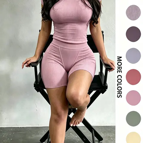 Women's Solid Ribbed Top & Skinny Shorts Set, Casual Comfy Round Neck Tee & Shorts For Yoga Gym Workout, Ladies Summer Clothes Fitness Wear Sportswear Set, Casual Activewear Set, Gym Yoga Outfit, Sports Outfits, Summer Training Wear